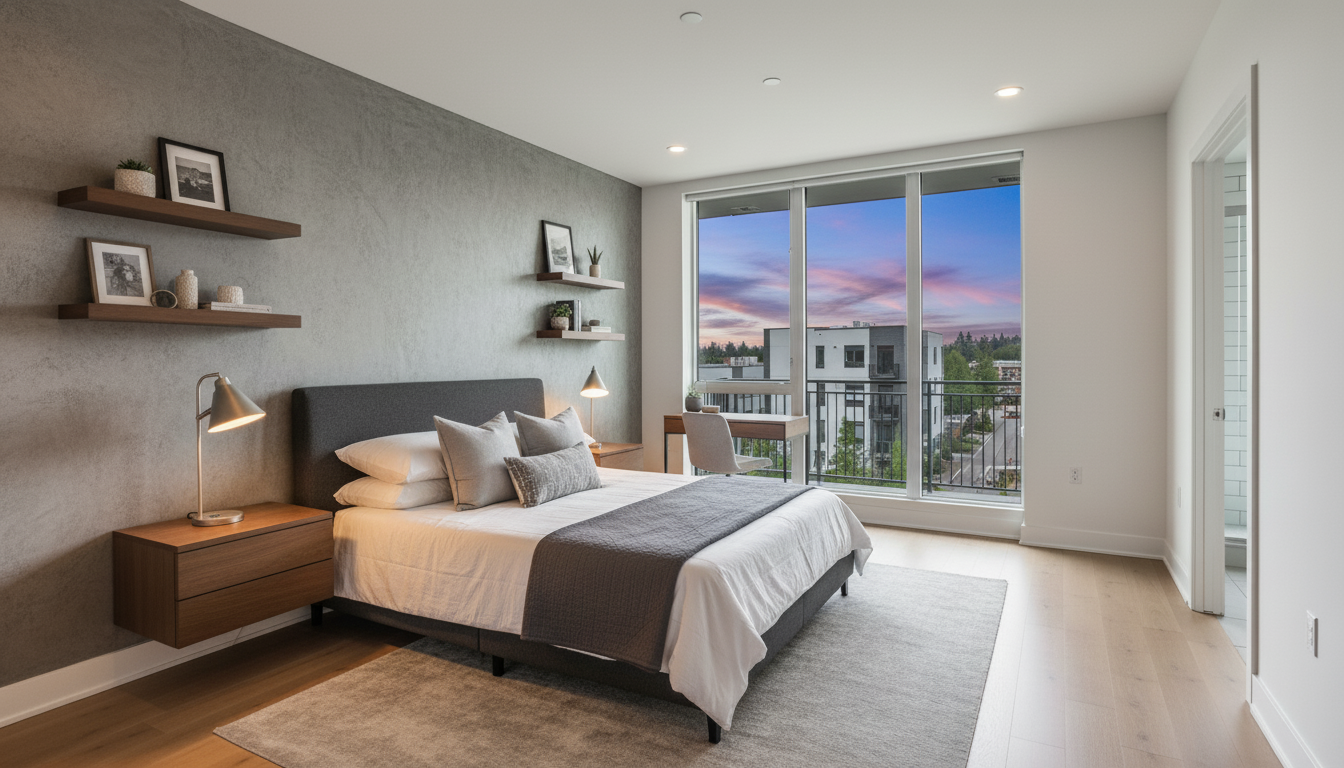 This is a modern primary bedroom featuring a gray accent wall adorned with floating shelves. The bed is neatly made with neutral-toned linens and the room benefits from natural light through a large window offering an attractive view. The room also includes a bedside table with a lamp and a small built-in desk near the window, creating a functional and stylish space.