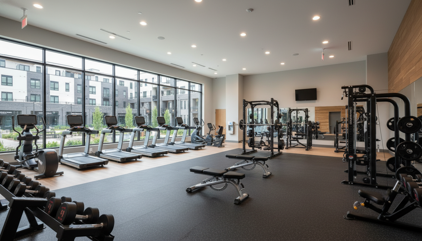 This is a well-equipped home gym featuring treadmills, elliptical machines, weight racks, and benches. The large windows provide natural light and views of the exterior. The space is modern and designed for a comprehensive workout experience, making it a desirable amenity for residents.