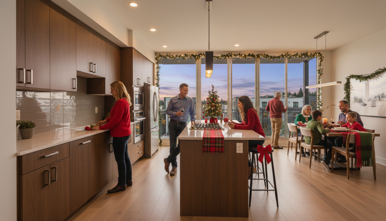 This inviting kitchen showcases modern wood cabinetry with sleek hardware and a white countertop. It seamlessly connects to the dining area, creating an open and inclusive living space. The space is beautifully decorated for the holidays, giving a warm and welcoming family atmosphere, which is amplified via the natural light coming from the large windows.