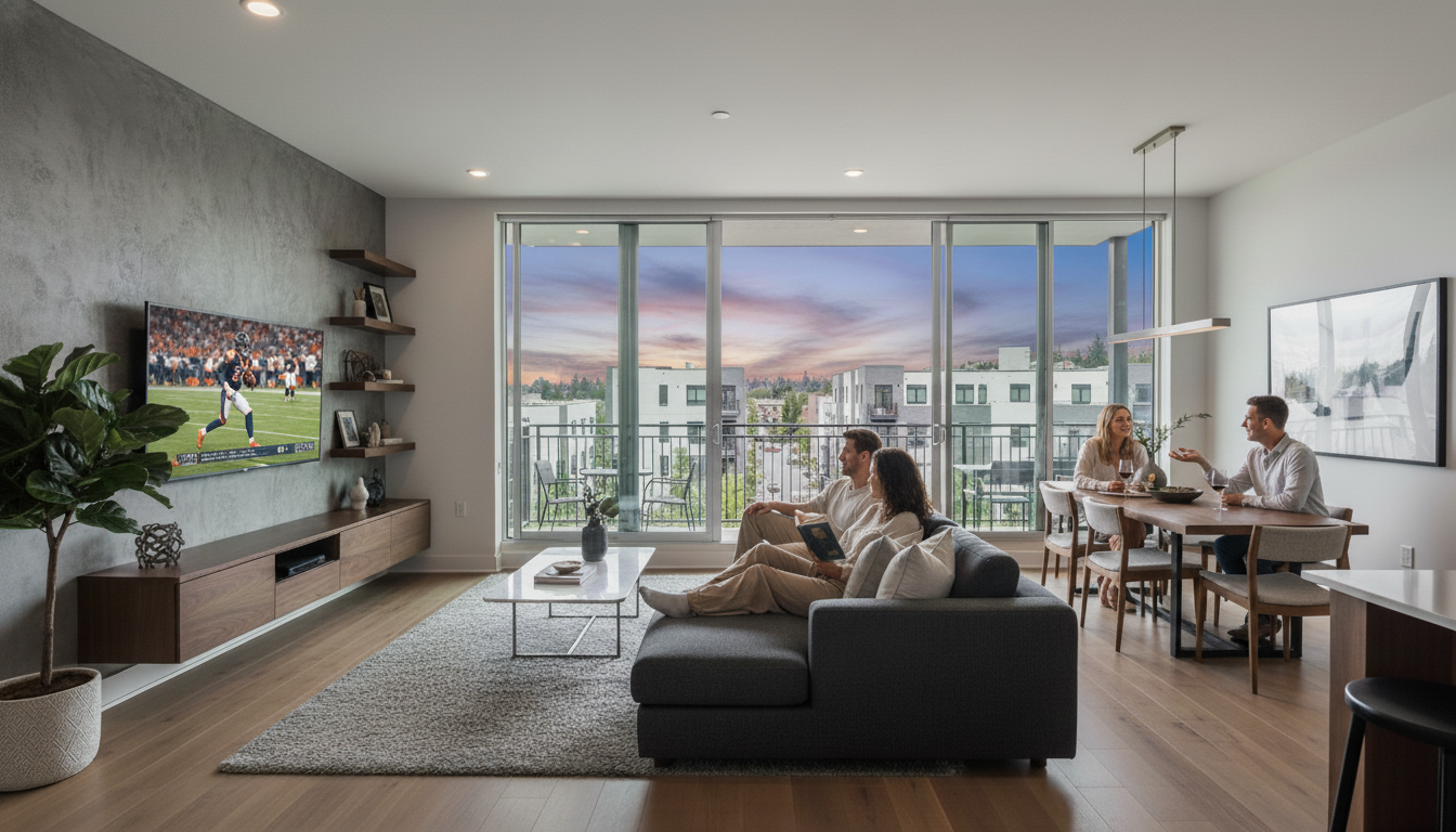 This living room showcases a modern and open floor plan, perfect for entertaining. Featuring a TV mounted on a textured wall, a sleek entertainment unit, and a comfortable sectional sofa, it offers both style and functionality. Large sliding glass doors lead to a balcony, providing ample natural light and views of the surrounding community.