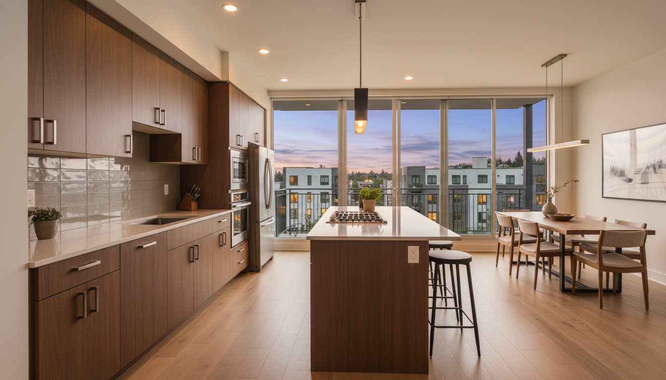This is a modern kitchen showcasing sleek, dark wood cabinetry and stainless steel appliances. A central island with a white countertop and bar seating anchors the space, while large windows offer a view of the outside. The open layout seamlessly integrates with the dining area, creating an inviting and functional living space.