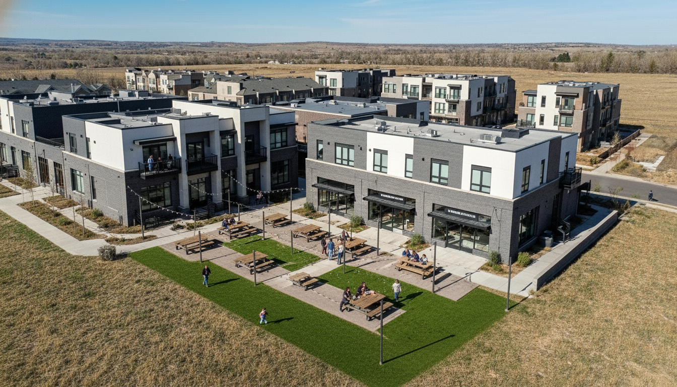 This aerial view showcases a modern mixed-use development with residential and commercial spaces. The buildings feature a contemporary design with gray brick and white accents. An outdoor area with picnic tables and simulated turf enhances the community appeal, ideal for showcasing the property's attractive lifestyle to potential buyers.