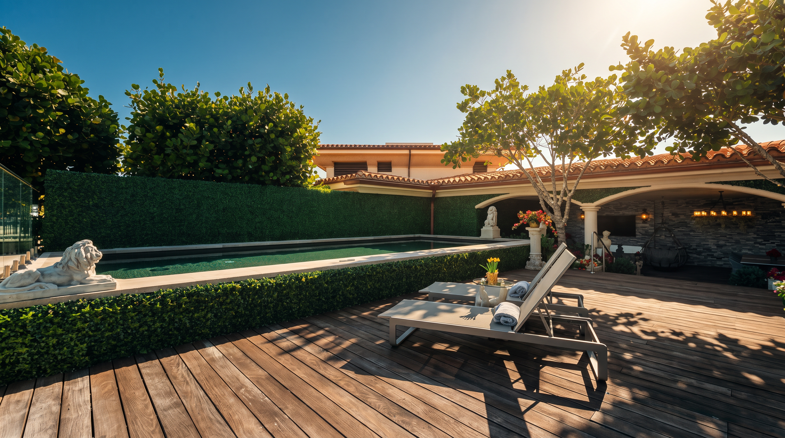 This outdoor space features a rectangular swimming pool bordered by a manicured hedge and a wooden deck. Two lounge chairs are positioned on the deck, which leads to a covered patio area with stone-clad walls and a hanging chair. The scene is framed by lush green trees under a clear blue sky, creating a serene and private resort-like atmosphere.