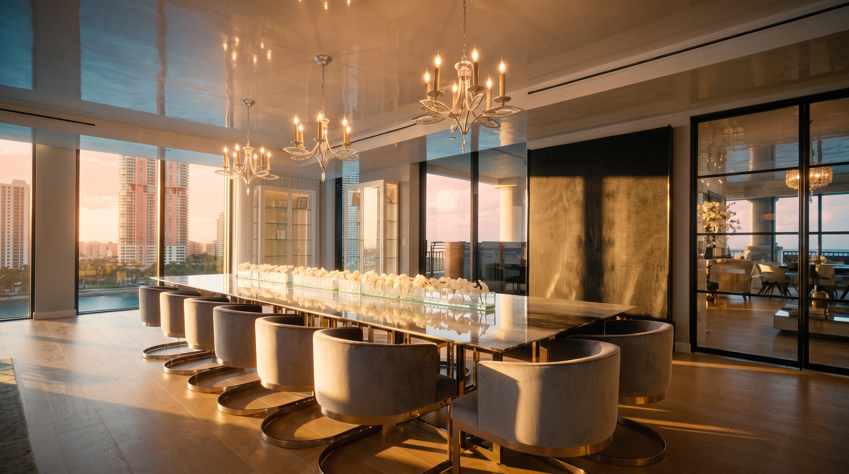 This sophisticated dining room features a long, polished stone-topped table surrounded by numerous grey upholstered chairs with metallic bases. Two ornate crystal chandeliers hang above the table, reflecting off the glossy ceiling, while a large, dark textured wall feature adds a dramatic focal point. Large windows provide an expansive view of the cityscape and water, creating a bright and luxurious atmosphere.