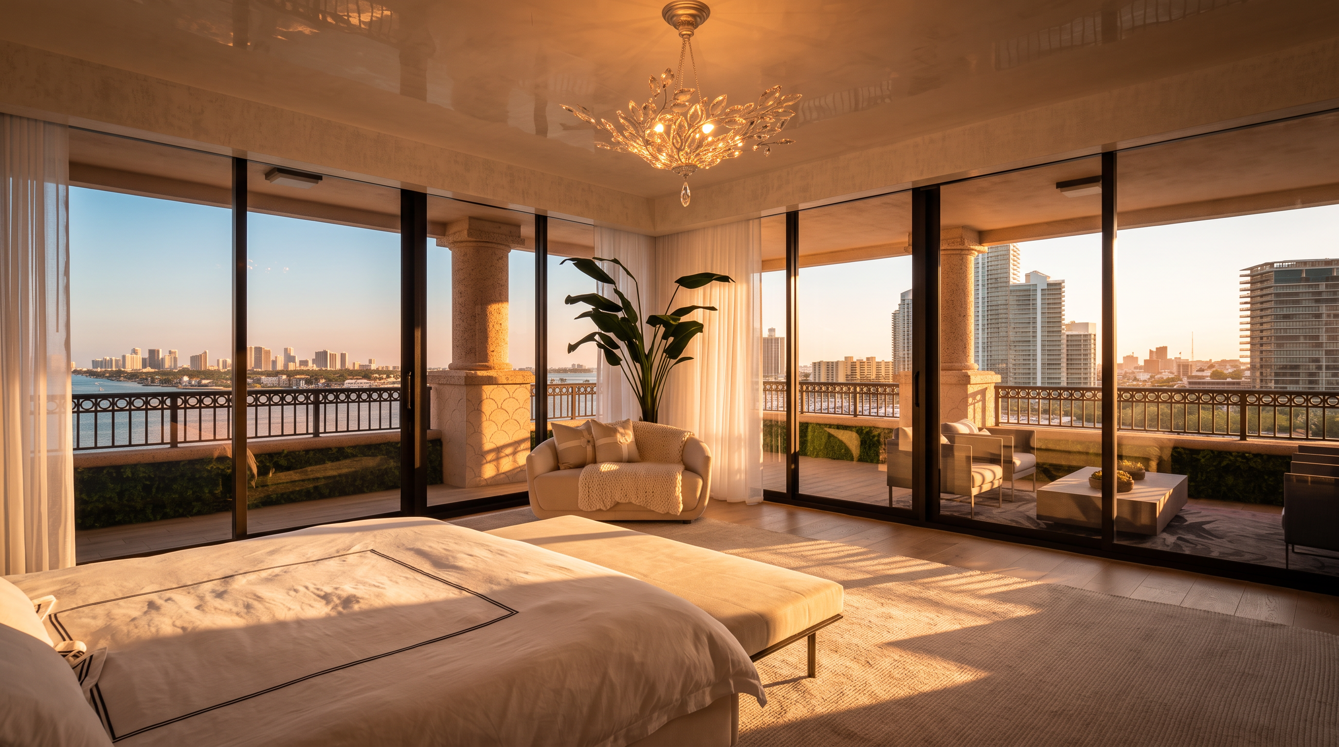 This luxurious primary bedroom features expansive floor-to-ceiling windows that provide panoramic views of the city skyline and waterfront. The room is anchored by a plush bed with a neutral-toned bench at the foot, complemented by a soft area rug and a decorative crystal chandelier overhead. A cozy seating area with a curved sofa and a large potted plant sits near the glass doors, which open onto a spacious balcony.