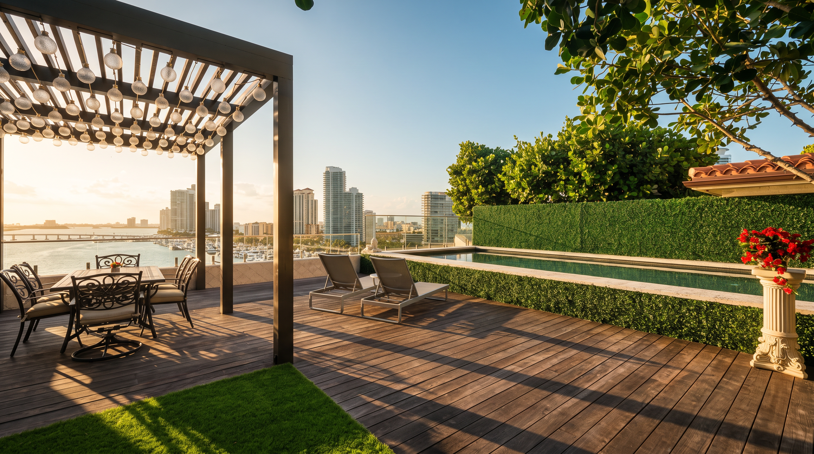 This expansive rooftop terrace features a wooden deck, a dining area shaded by a pergola with hanging globe lights, and a private lap pool bordered by a manicured hedge. The space offers panoramic views of the marina and city skyline, creating a luxurious outdoor living environment. The combination of modern lounge seating and lush greenery provides a sophisticated setting for relaxation and entertainment.