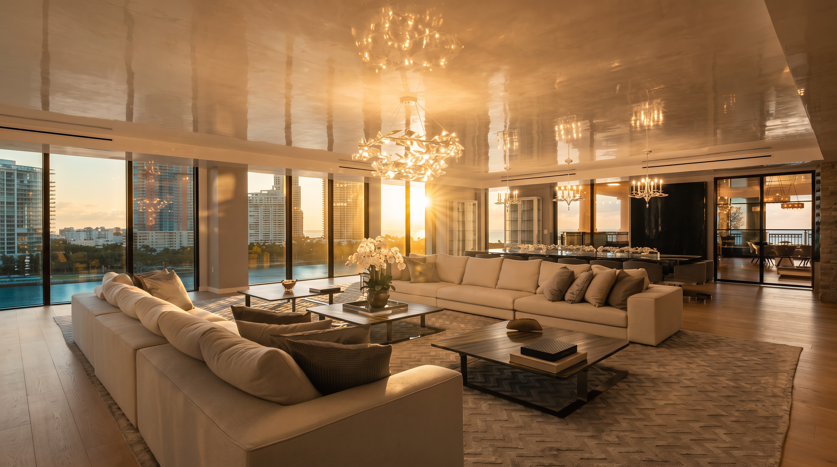 This expansive, high-end living room features a glossy, reflective ceiling and large windows that offer panoramic sunset views of the city skyline and water. The space is furnished with two large, light-colored sectional sofas arranged around low-profile coffee tables, all set atop a textured area rug. Multiple ornate, modern chandeliers hang from the ceiling, creating a sophisticated and luxurious atmosphere.