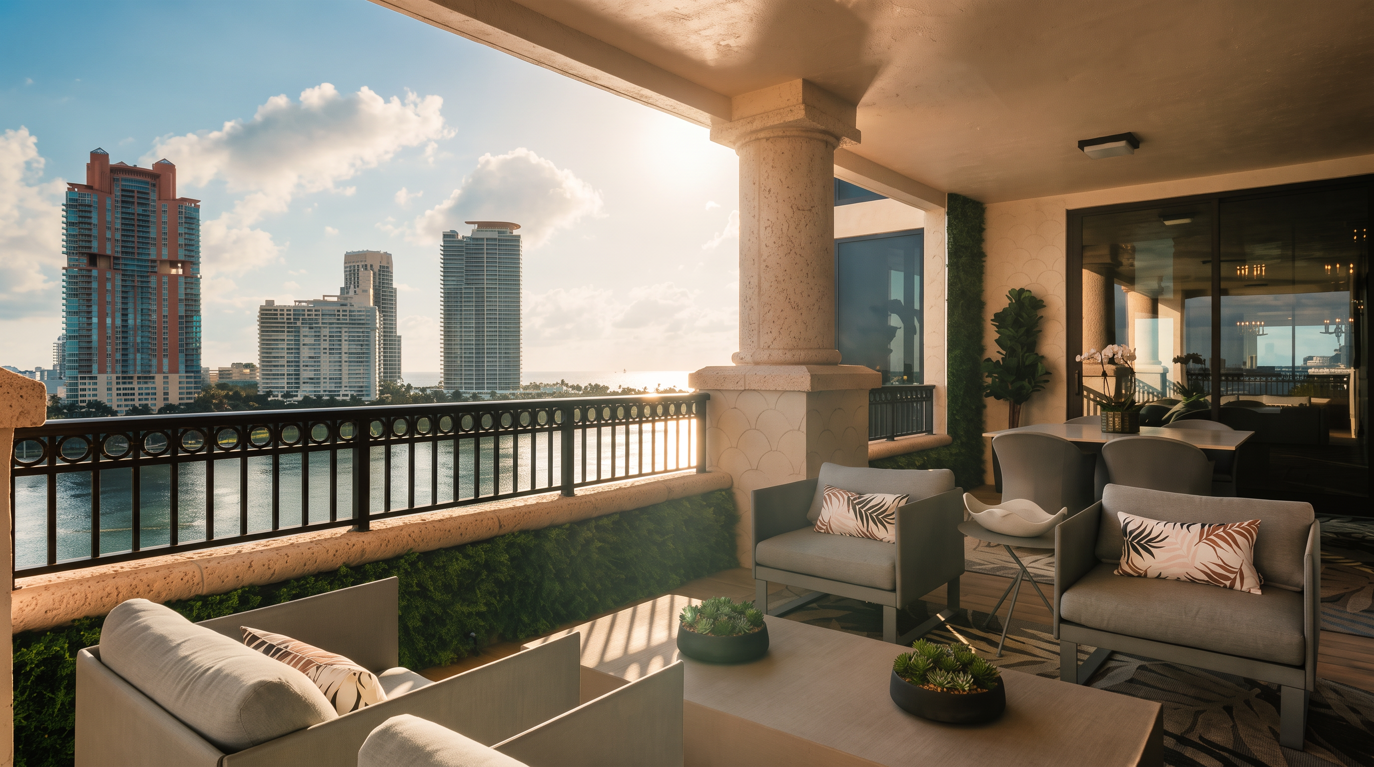 This expansive, covered balcony offers a luxurious outdoor living space with panoramic views of the city skyline and the water. The area is furnished with comfortable grey lounge seating and a dining set, creating an ideal setting for relaxation or entertaining. The space features a decorative metal railing, integrated greenery, and a large stone pillar, all bathed in the warm, golden light of a setting sun.