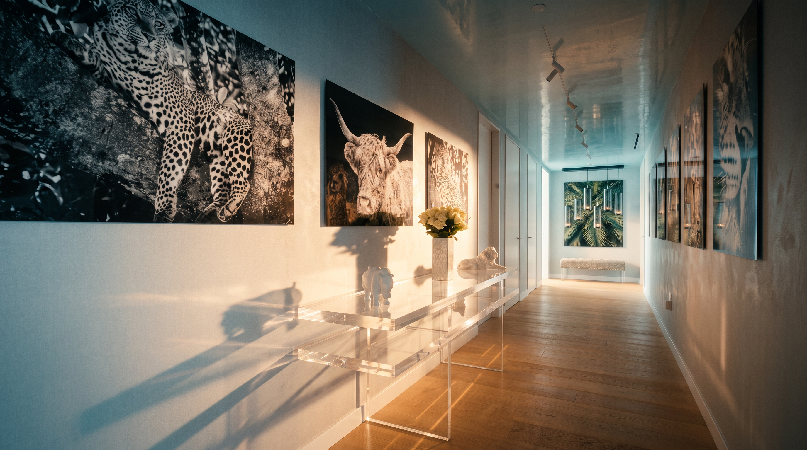 This sleek, modern hallway features light wood flooring and a high-gloss ceiling that reflects the overhead lighting. The walls are adorned with a series of large, monochromatic animal-themed art pieces, and a transparent acrylic console table sits centrally, topped with a floral arrangement. The perspective draws the eye down the long corridor toward a bench and a cluster of pendant lights at the far end.