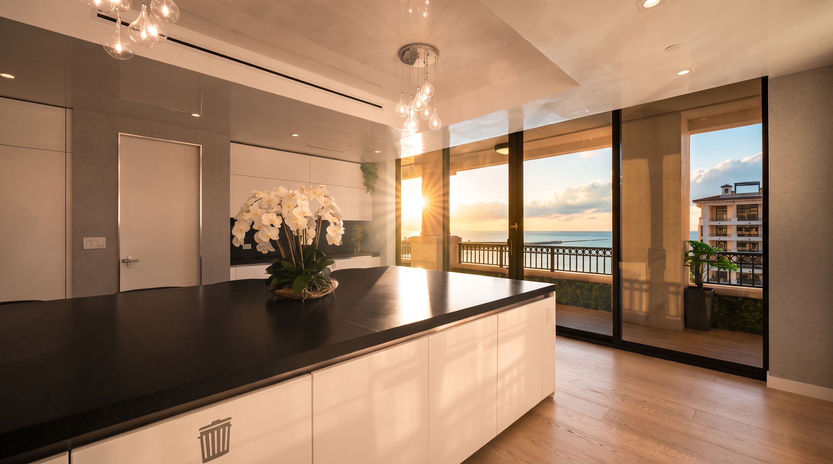 This modern kitchen features a large central island with a dark, matte countertop and white cabinetry, accented by a prominent white orchid centerpiece. The space is illuminated by elegant, multi-bulb pendant lighting and benefits from abundant natural light streaming through expansive glass sliding doors that open onto a balcony. The view captures a serene ocean sunset, creating a sophisticated and airy atmosphere with light wood-toned flooring.