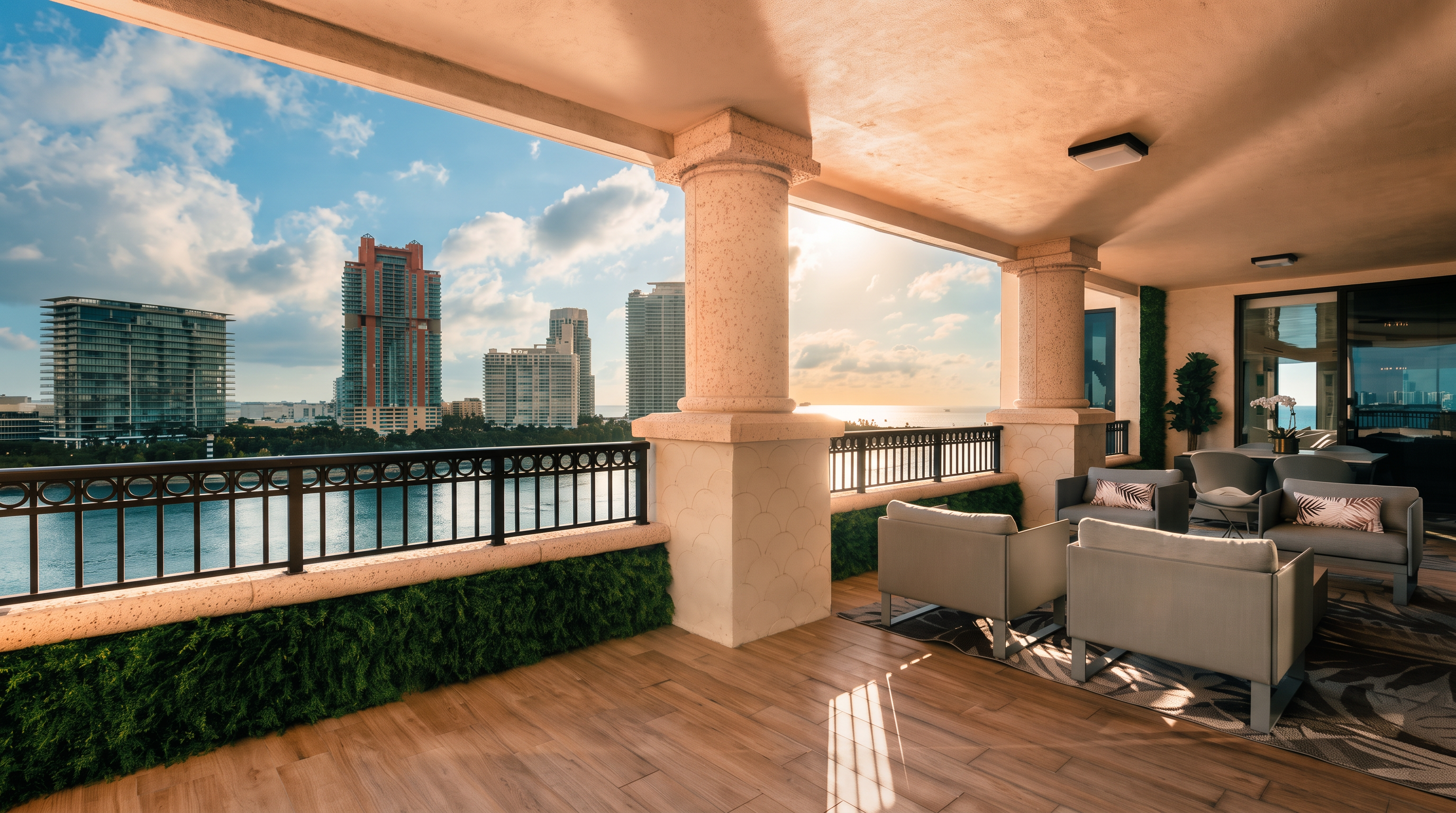 This expansive, covered balcony offers a luxurious outdoor living space with panoramic views of the water and city skyline. The area is furnished with comfortable lounge seating arranged on a patterned rug, set against a backdrop of stone-clad columns and lush greenery integrated into the railing. The perspective is wide and inviting, capturing the seamless transition between the sophisticated outdoor lounge and the scenic coastal horizon.