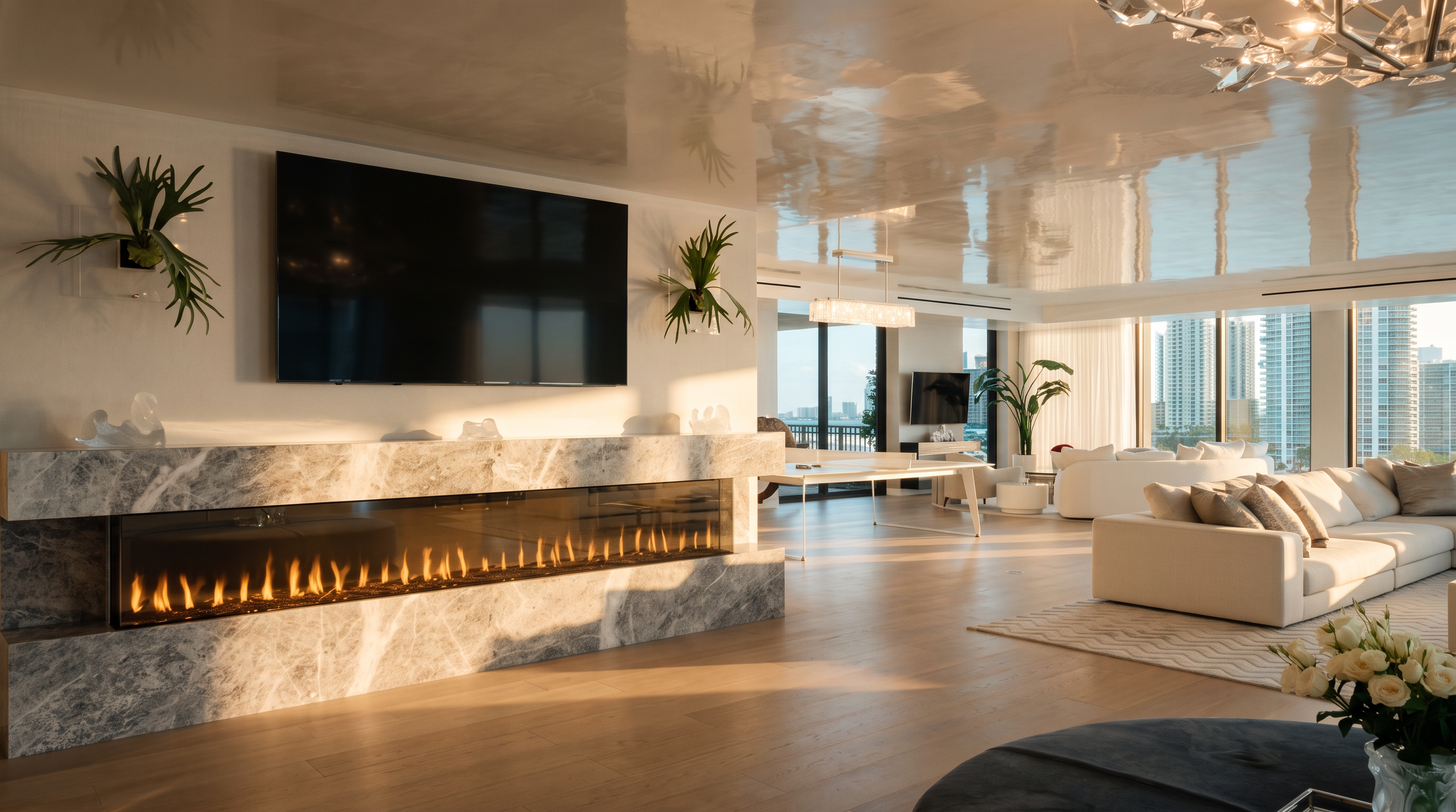 This expansive, modern living area features a prominent stone-clad fireplace surround that serves as a central focal point. The room is characterized by a high-gloss reflective ceiling, light wood flooring, and a neutral color palette that enhances the sense of openness. Large windows provide panoramic views of the city skyline, while contemporary furnishings and minimalist decor create a sophisticated and airy atmosphere.