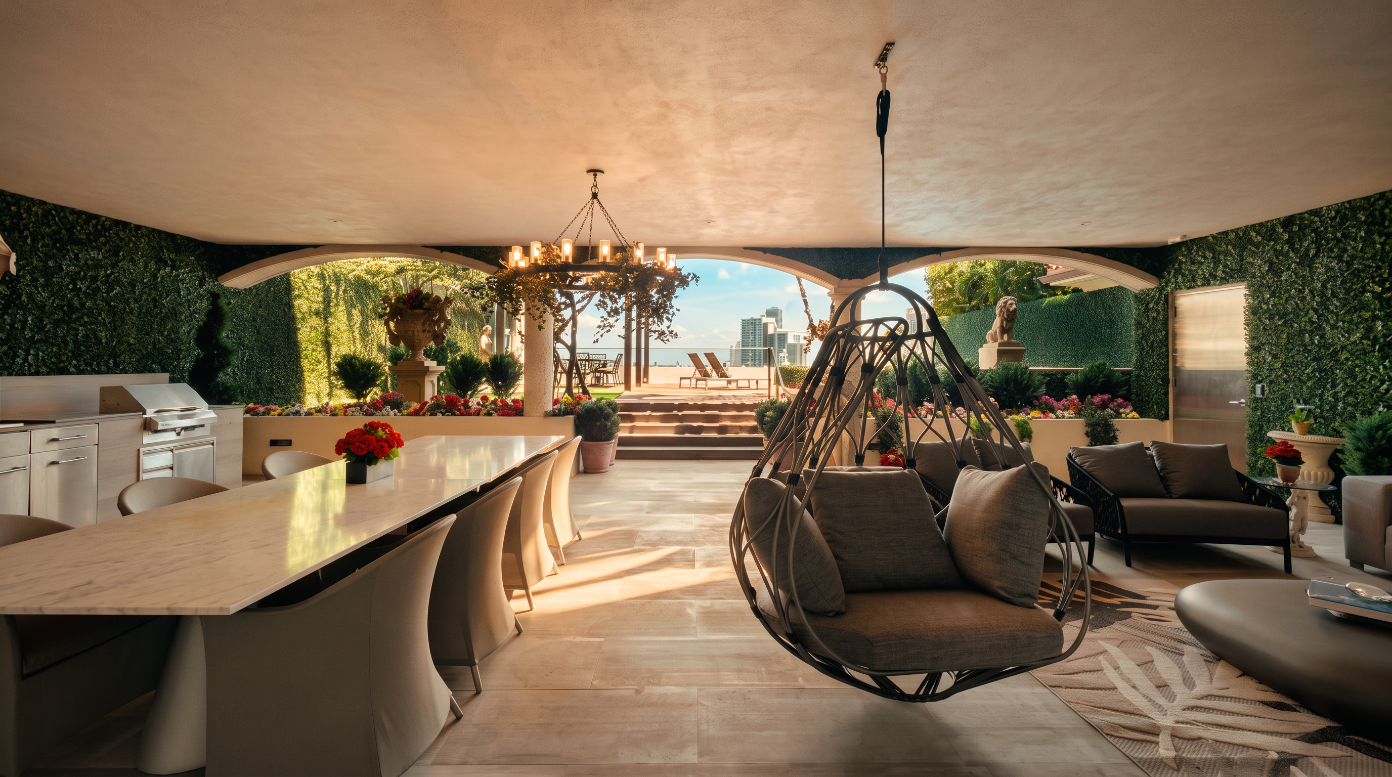 This expansive, covered outdoor living space features a long dining table with seating for several guests, complemented by a modern hanging egg chair and a comfortable lounge area. The space is framed by lush green wall coverings and decorative planters, creating a serene atmosphere that transitions seamlessly to an open-air terrace with city views. The perspective is centered, drawing the eye through the arched openings toward the horizon, highlighting the sophisticated blend of indoor comfort and outdoor luxury.