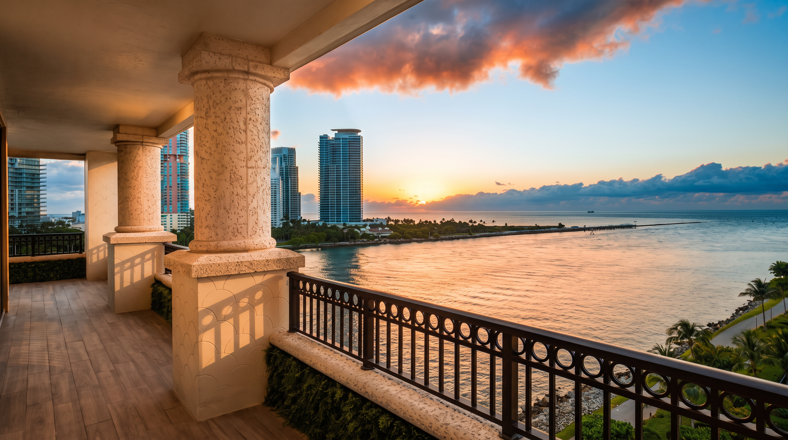 This expansive covered balcony offers a stunning panoramic view of the ocean and city skyline at sunset. The space features light-toned wood-look flooring, sturdy stone columns, and a decorative metal railing that overlooks the water and coastal landscape. The perspective is from a high-rise vantage point, capturing the serene transition from day to night over the horizon.