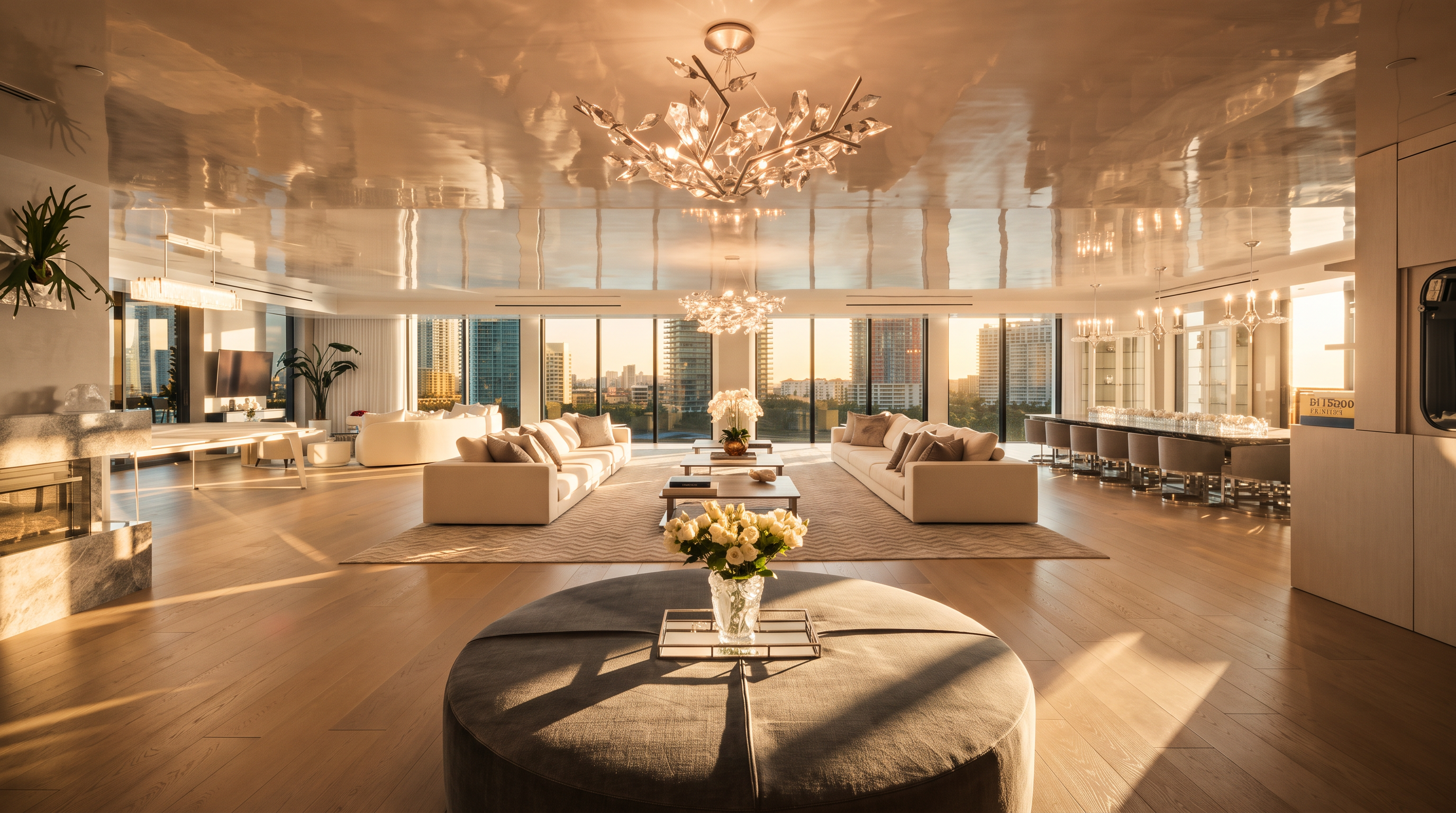 This expansive, open-concept living area features a high-gloss reflective ceiling and light wood flooring, creating a bright and airy atmosphere. The space is anchored by two large, neutral-toned sofas facing each other, with a circular ottoman in the foreground and a long dining table visible in the background. Large windows span the entire rear wall, offering panoramic city views and flooding the room with natural light.