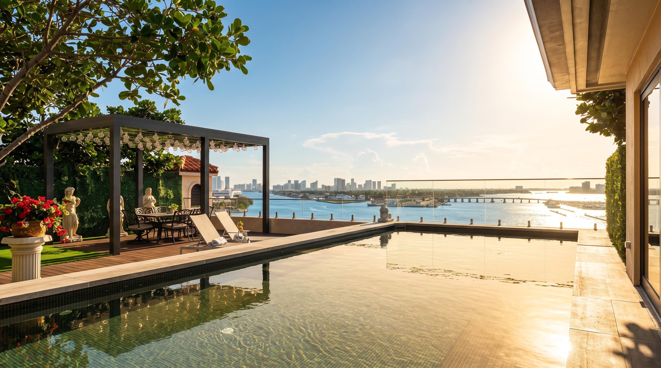 This luxurious rooftop terrace features a sleek, rectangular infinity-edge pool that overlooks a sprawling bay and city skyline. A wooden deck area includes a shaded pergola with hanging lights, outdoor dining furniture, and lounge chairs, creating an ideal space for relaxation and entertaining. The scene is framed by a glass railing that preserves the expansive water views, capturing a high-end, resort-style atmosphere.