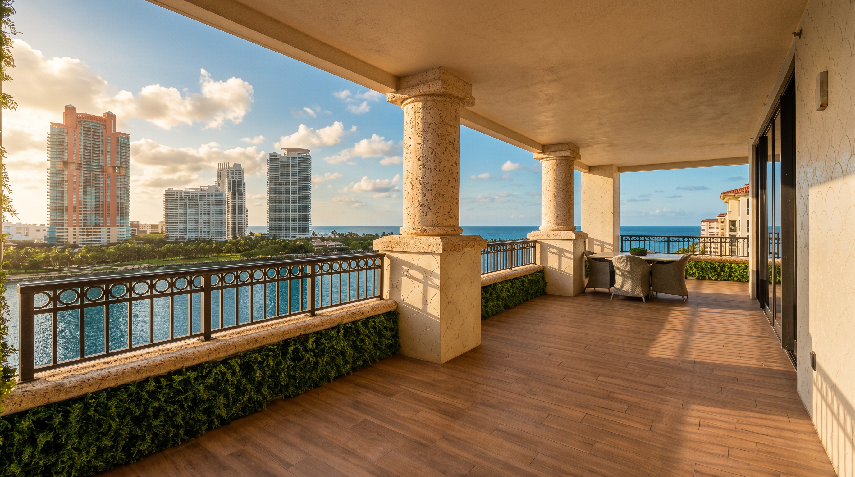 This expansive, covered balcony offers a luxurious outdoor living space with light wood-look flooring and decorative stone-clad columns. A dining set is positioned to take advantage of the panoramic views of the ocean and the surrounding cityscape. The space is framed by a metal railing with integrated greenery, creating a seamless transition between the private terrace and the coastal horizon.