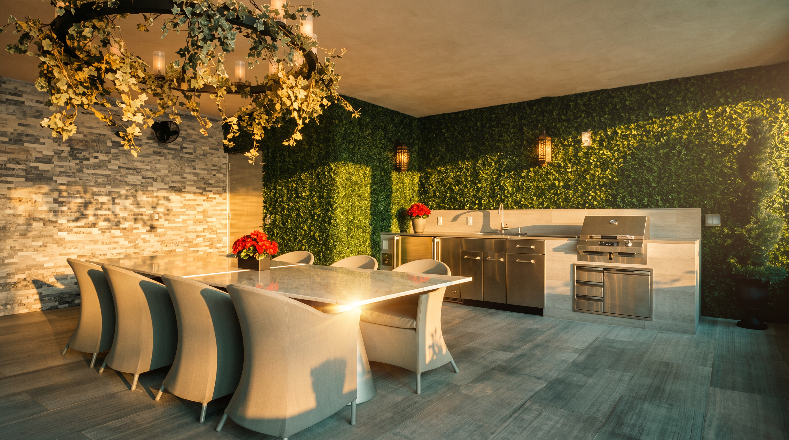 This sophisticated indoor-outdoor dining space features a large stone-topped table surrounded by six modern, light-colored chairs. The room is anchored by a striking circular chandelier adorned with greenery, set against a backdrop of a lush green wall and a textured stone feature wall. A built-in outdoor kitchen area with stainless steel appliances and a sink completes the space, creating a seamless blend of luxury and functionality.