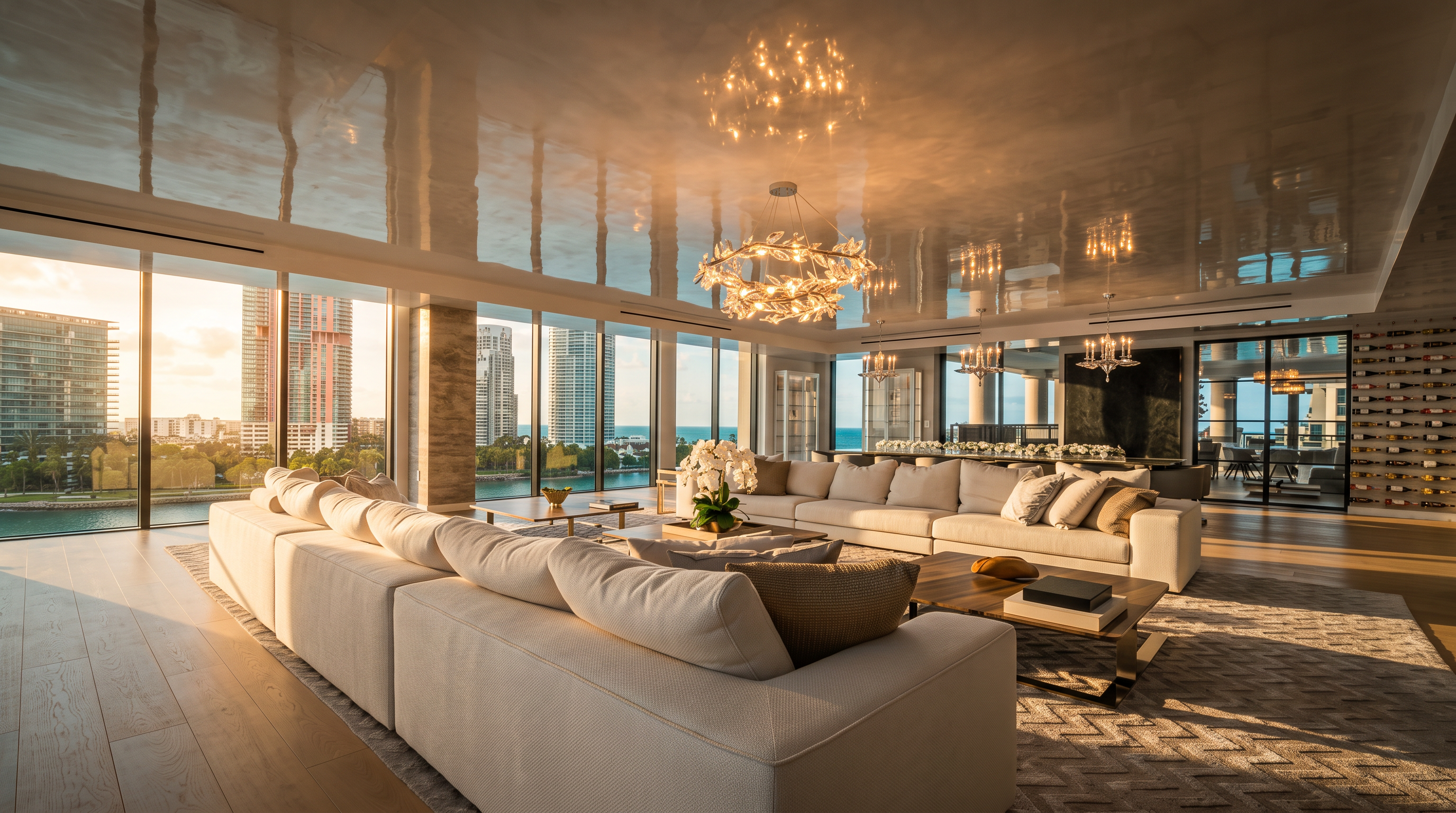 This expansive, modern living room features a high-gloss reflective ceiling and large windows that provide panoramic views of the city skyline and waterfront. The space is anchored by a massive, L-shaped white sectional sofa arranged on a textured area rug, complemented by low-profile coffee tables and sculptural chandeliers. A dedicated wine storage wall with glass doors adds a sophisticated touch to this bright, open-concept interior.