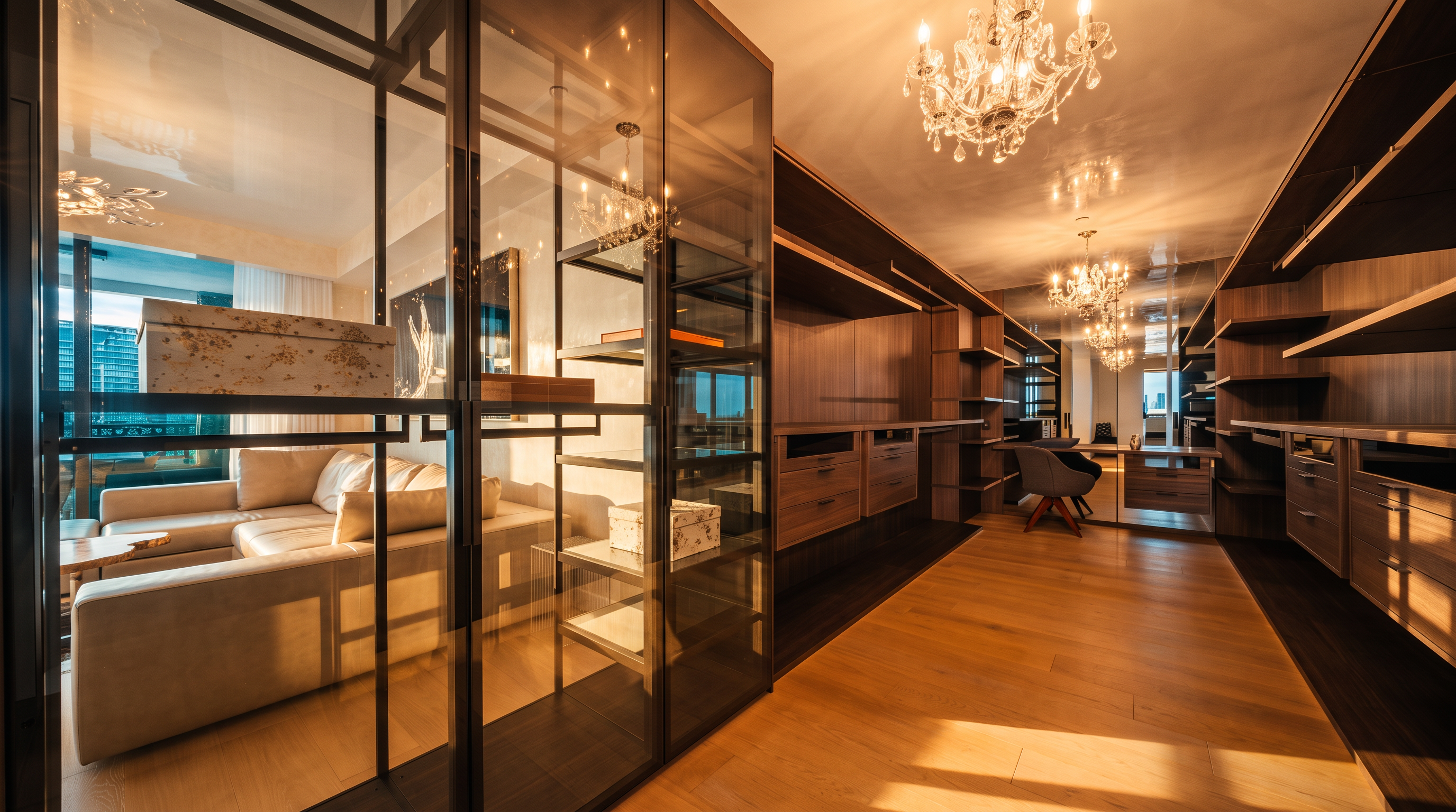 This expansive, high-end walk-in closet features custom wood cabinetry with integrated lighting and glass-fronted display sections. The room is illuminated by a decorative crystal chandelier and includes a dedicated vanity area with a chair, while a mirrored wall at the far end enhances the sense of depth. The space is finished with light-toned wood flooring, creating a sophisticated and organized atmosphere.