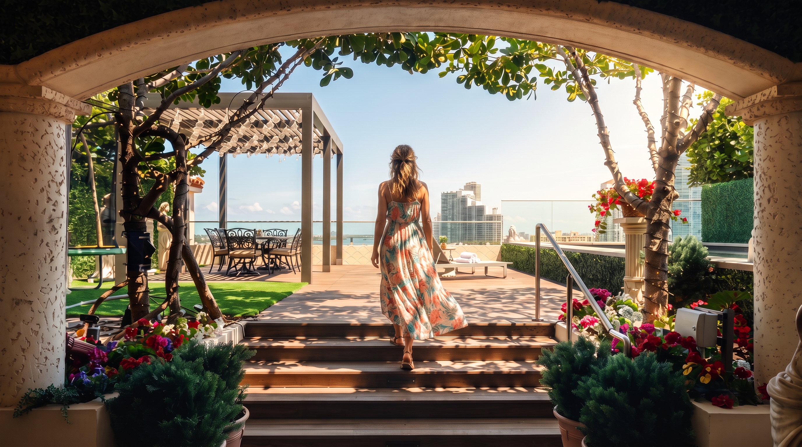 This expansive rooftop terrace offers a luxurious outdoor living space framed by a decorative stone archway and lush greenery. The deck features a wooden staircase leading up to a dining area under a pergola and a pair of lounge chairs overlooking a panoramic city skyline and water view. The scene is captured from a low, centered perspective, emphasizing the transition from the shaded foreground to the bright, open-air terrace.