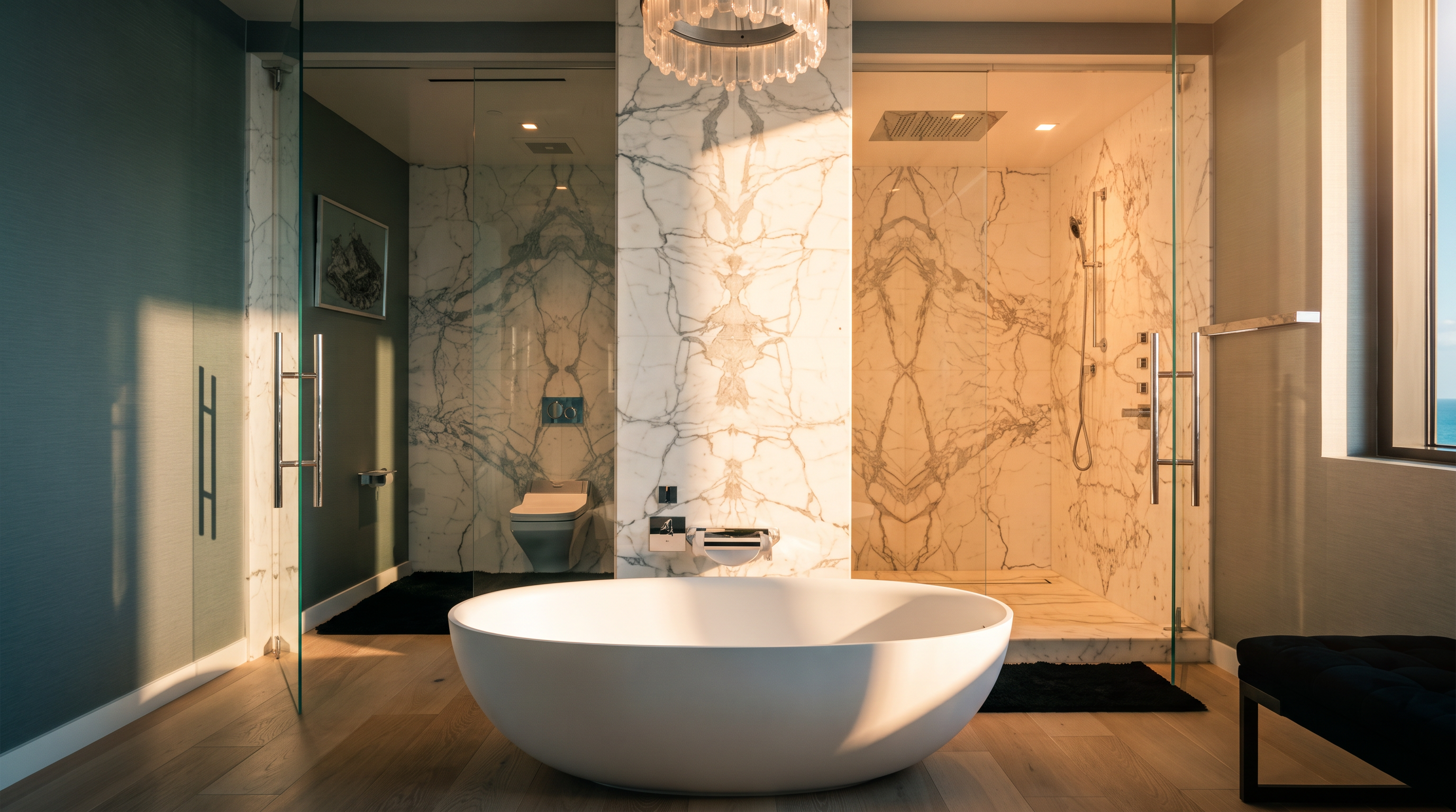 This luxurious primary bathroom features a central freestanding white soaking tub positioned in front of a striking stone-clad pillar that extends to the ceiling. To either side, glass-enclosed spaces house a private toilet area and a spacious walk-in shower, both accented with matching stone wall panels. The room is finished with light wood flooring, a modern chandelier, and a large, dark-framed floor mirror, creating a sophisticated and high-end aesthetic.
