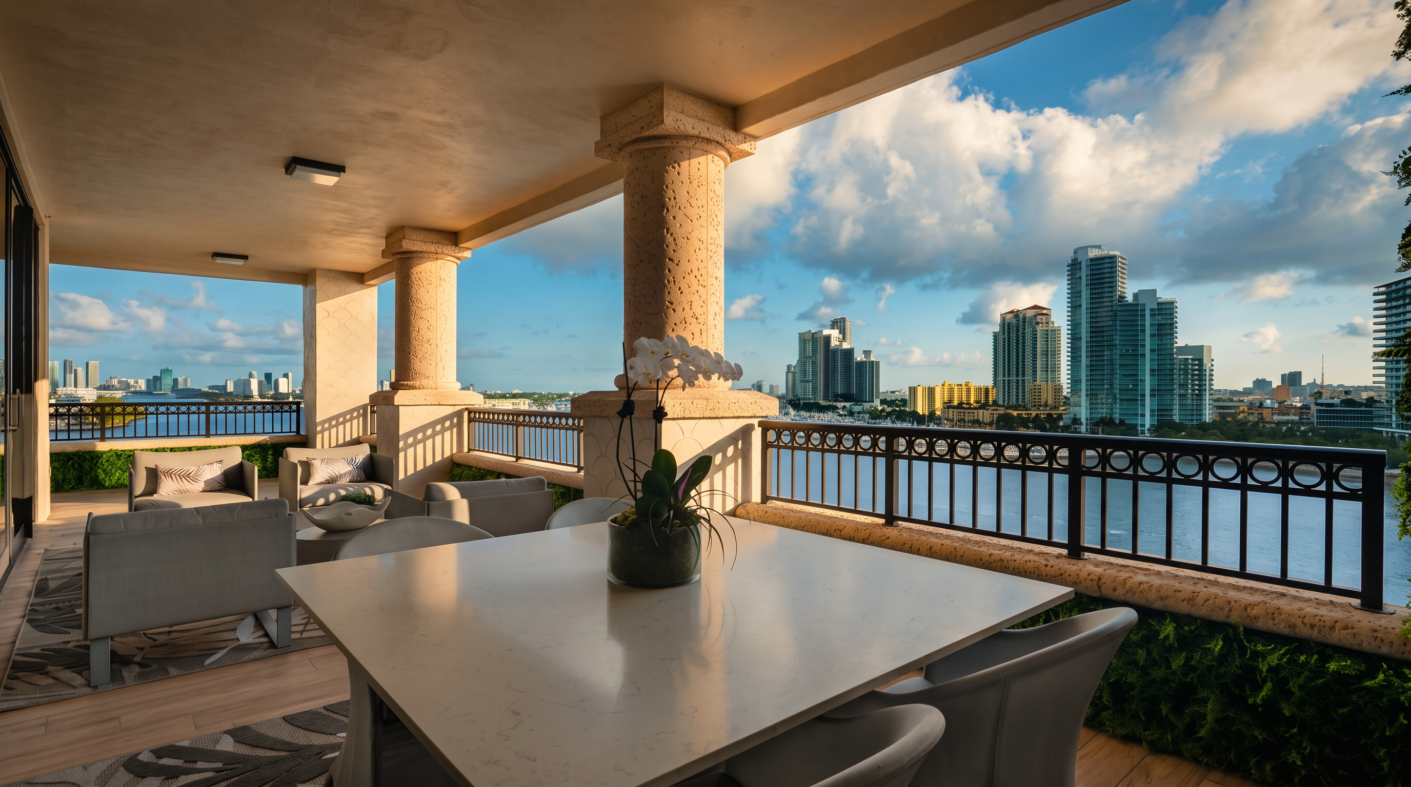 This expansive covered balcony offers a sophisticated outdoor living space with a dining area and a separate lounge section. The space features stone columns, a patterned area rug, and a metal railing that overlooks a scenic waterfront with a panoramic view of the city skyline. The open-air design creates a seamless transition between the interior and the impressive urban landscape.