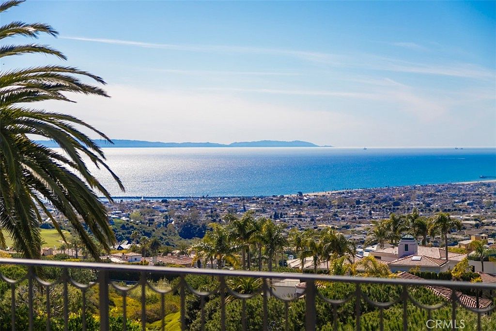 This image captures a breathtaking, elevated view from a balcony, showcasing a panoramic vista of the coastline, ocean, and a sprawling residential neighborhood below. A prominent palm tree frames the left side of the shot, while a dark metal railing runs across the foreground, emphasizing the height and perspective of the vantage point. The scene conveys a sense of luxury and tranquility, highlighting the property's prime location and stunning natural scenery.