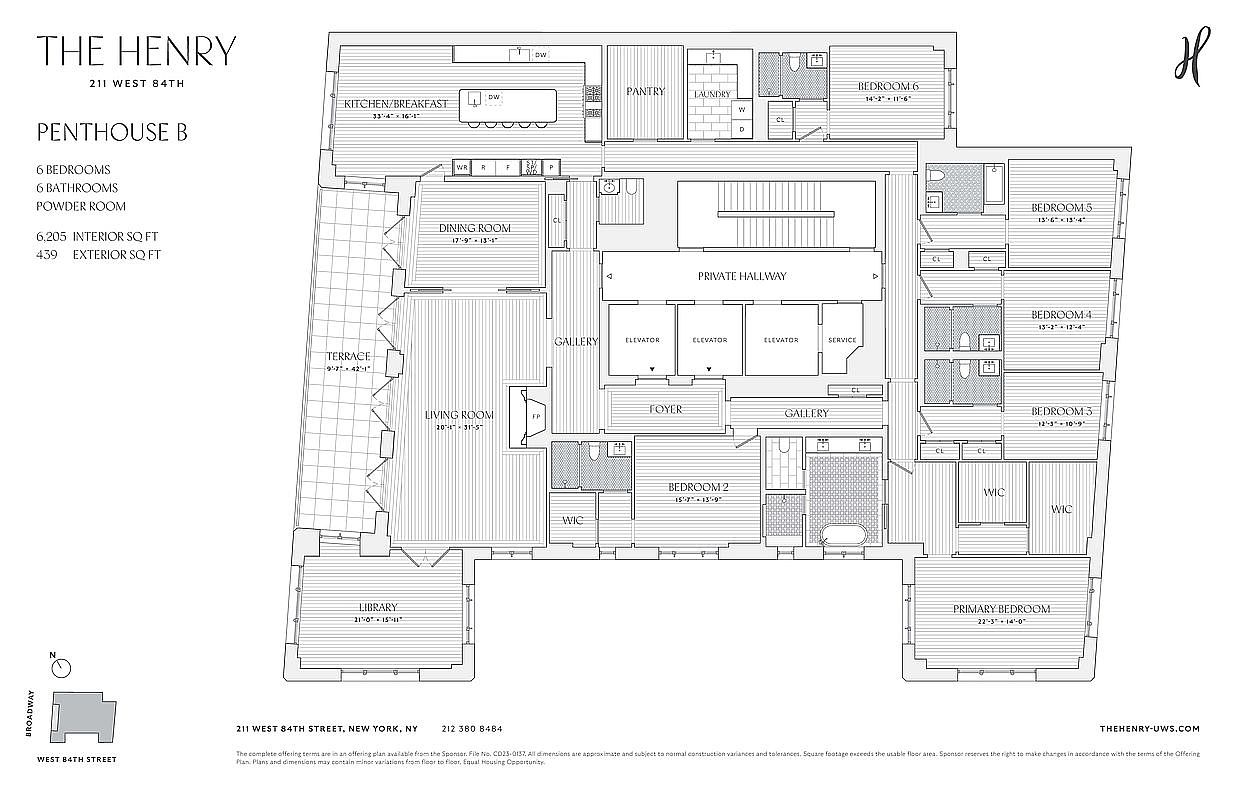 This image is a detailed architectural floor plan for 'Penthouse B' at The Henry, showcasing a sprawling 6-bedroom, 6-bathroom layout. The diagram illustrates the spatial arrangement of the living room, library, kitchen, and multiple bedrooms, including a primary suite with dual walk-in closets. The perspective is a top-down, two-dimensional technical drawing that provides a comprehensive overview of the residence's flow and room dimensions.