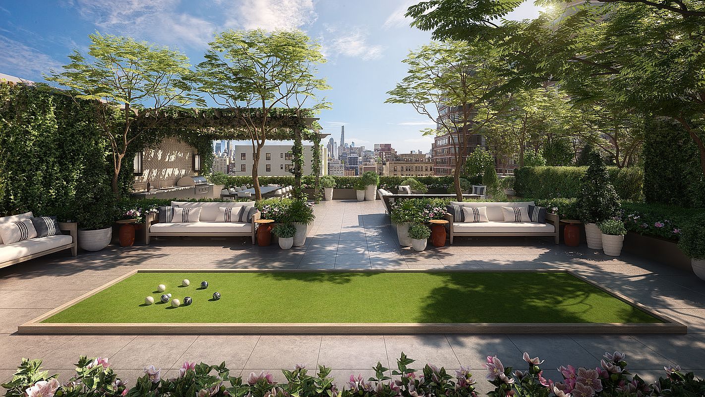 This expansive rooftop terrace offers a sophisticated outdoor living space featuring a bocce ball court as a central focal point. The area is furnished with multiple comfortable seating arrangements, lush greenery, and mature trees that provide shade and privacy. With a clear view of the city skyline in the background, this space is designed for high-end entertaining and relaxation.