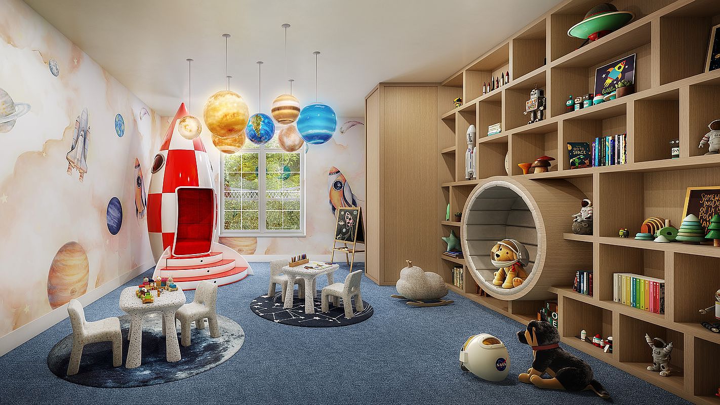 This whimsical, space-themed children's bedroom features a large, red-and-white rocket ship play structure and a circular, built-in reading nook integrated into a light wood shelving unit. The room is decorated with a mural of planets and stars, complemented by hanging planet-shaped pendant lights and two small activity tables with chairs. The space is carpeted in a deep blue, creating an immersive, imaginative environment perfect for a child's bedroom or playroom.