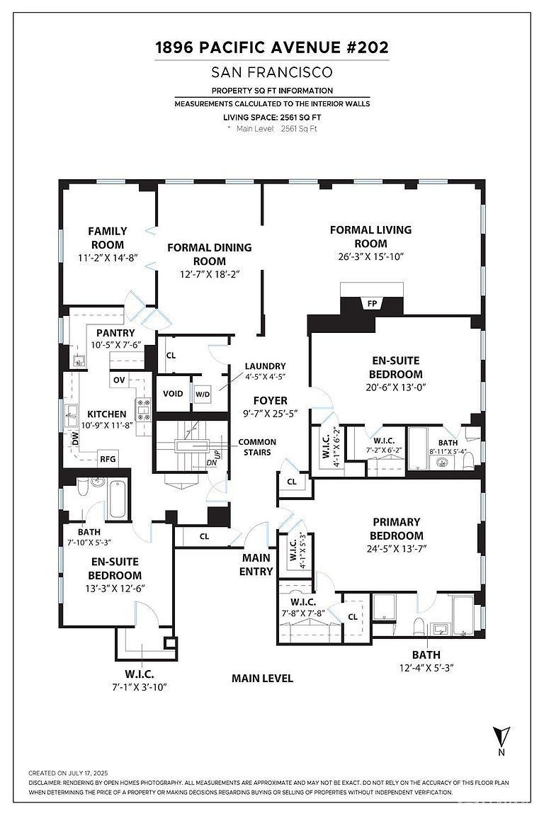This image showcases a detailed floor plan of a residence, likely intended for real estate purposes. The plan includes labeled rooms such as a formal living room, dining room, family room, kitchen, bedrooms, and bathrooms, along with dimensions for each space. The layout provides a comprehensive overview of the property's structure and spatial arrangement, highlighting features like walk-in closets and the location of appliances.