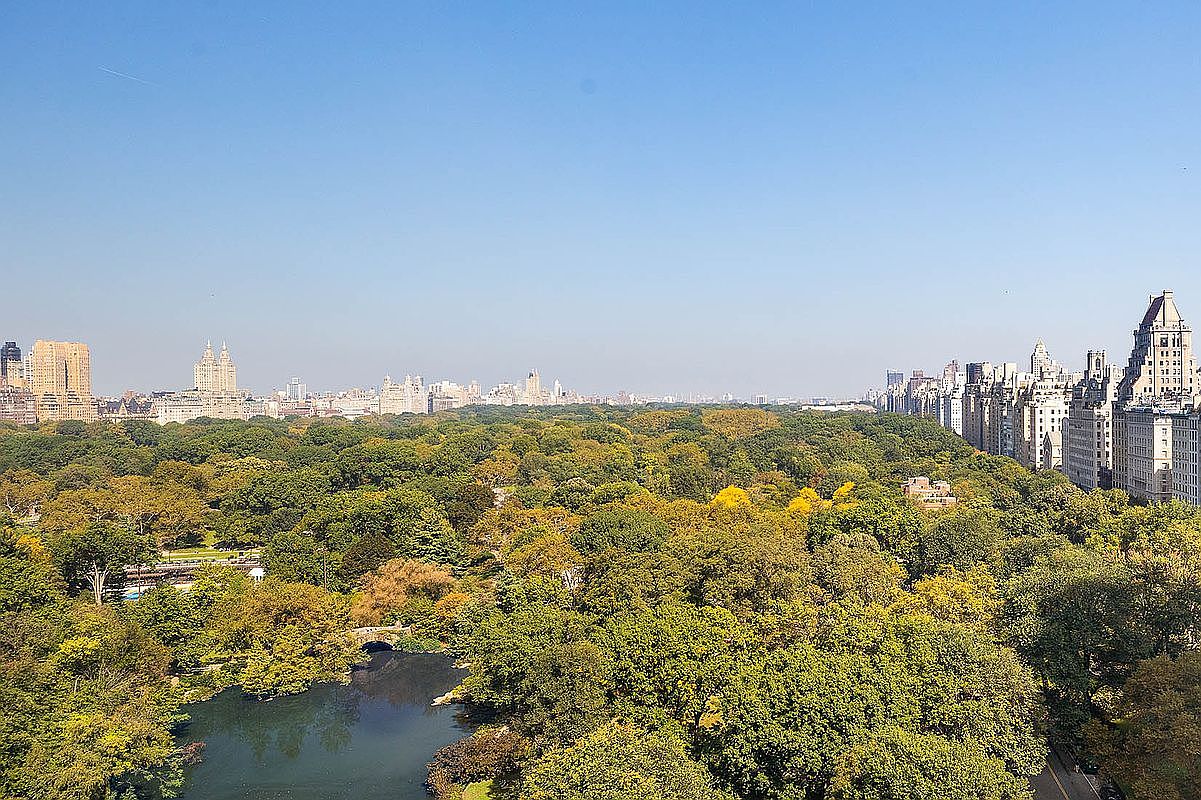 This high-angle aerial view captures the expansive greenery of Central Park in New York City, framed by the dense urban skyline on both sides. The scene features a tranquil pond in the foreground with a small stone bridge, transitioning into a vast canopy of mature trees. The perspective provides a cinematic sense of scale, highlighting the contrast between the natural park landscape and the surrounding high-rise architecture.