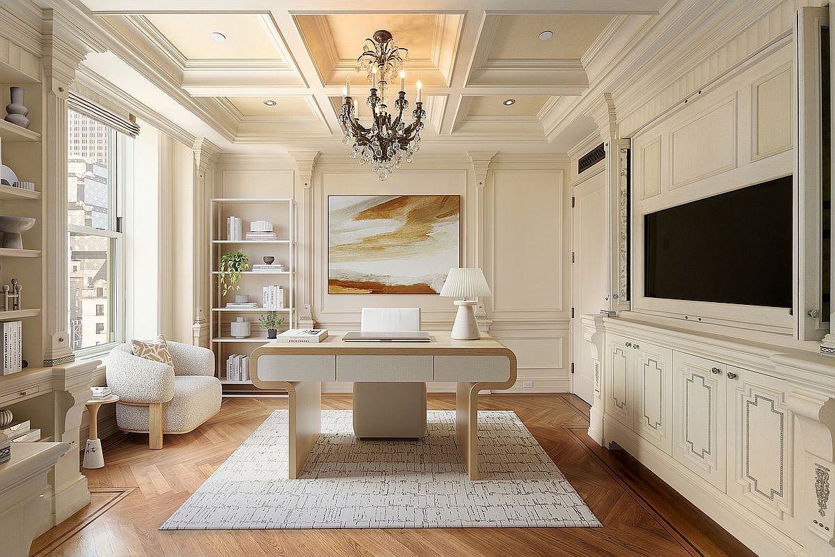 This sophisticated home office features a central desk with a modern chair, set against a backdrop of elegant wall paneling and a coffered ceiling. A large, abstract painting hangs above the desk, while a cozy armchair sits near a window, and a built-in media cabinet is integrated into the wall. The room is finished with warm wood flooring and a textured area rug, creating a refined and professional atmosphere.