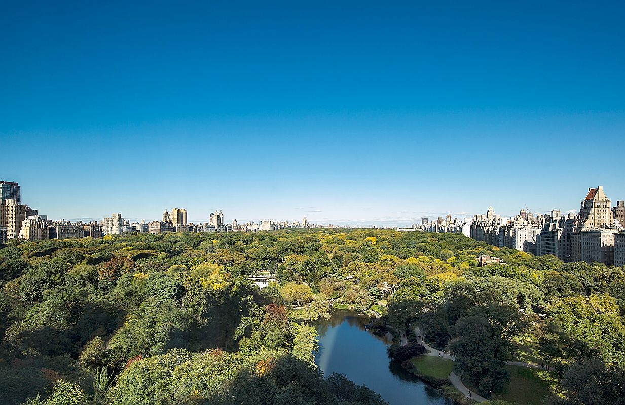 This high-angle aerial view captures a sprawling, lush green park surrounded by a dense urban skyline of high-rise buildings. A serene, reflective pond sits in the foreground, framed by mature trees and winding pathways that invite exploration. The clear blue sky provides a vast, open backdrop, emphasizing the contrast between the vibrant natural landscape and the structured architecture of the city.
