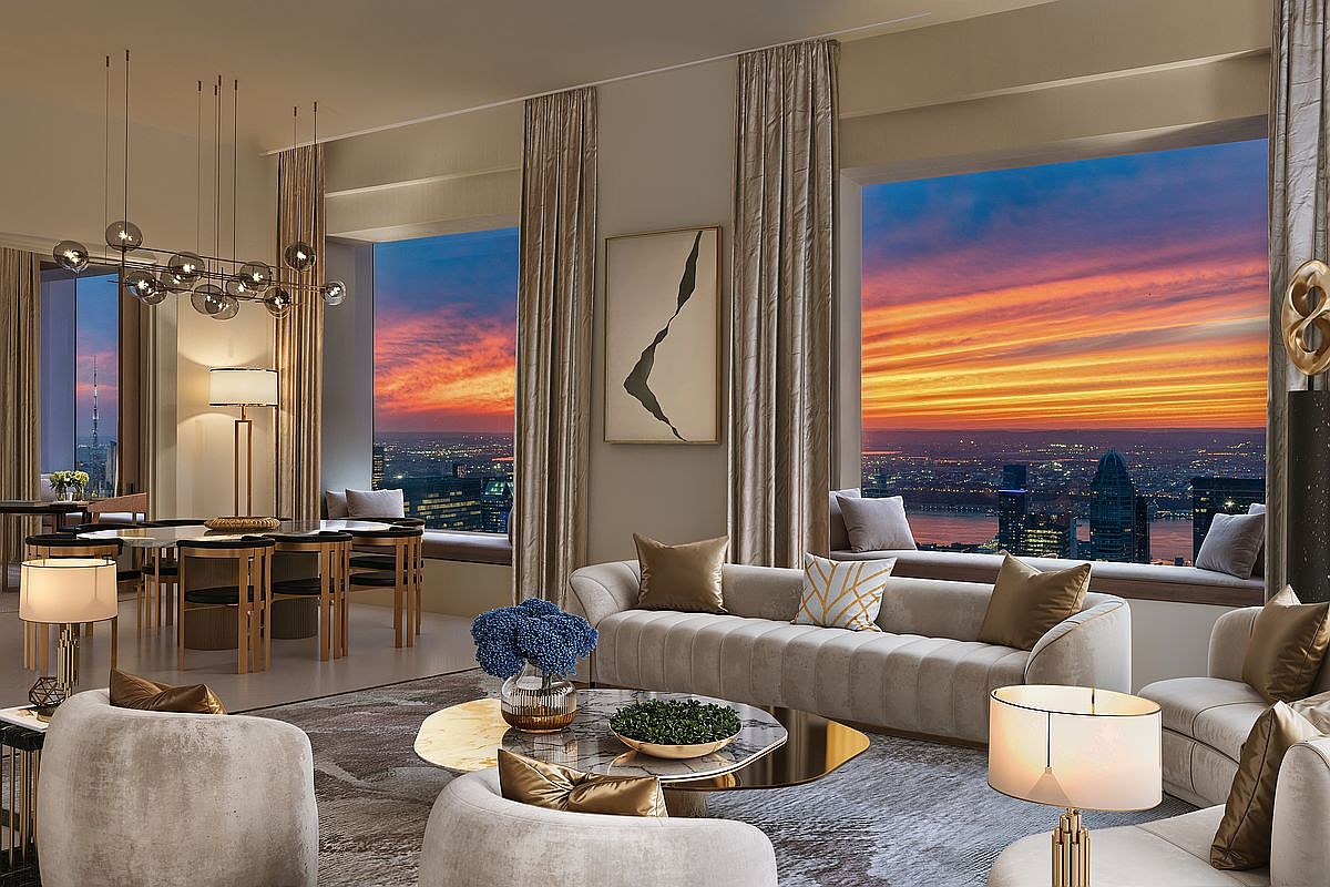 This is a luxurious living room featuring a neutral color palette, plush seating, and floor-to-ceiling windows offering a stunning city view at sunset. The room is elegantly furnished with modern lighting fixtures, a stylish coffee table, and tasteful artwork, creating a sophisticated and inviting atmosphere. The perspective is from a wide angle, showcasing the entire living space and its connection to the breathtaking cityscape.