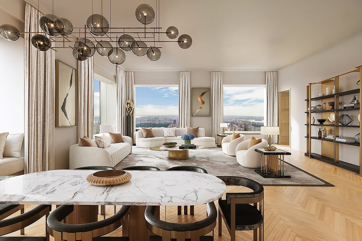 This is a luxurious living and dining area featuring a marble dining table with modern chairs, a stylish chandelier, and comfortable seating arrangements. Large windows offer expansive city views, enhancing the sense of opulence and sophistication. The room is decorated in neutral tones with gold accents, creating a bright and inviting atmosphere.