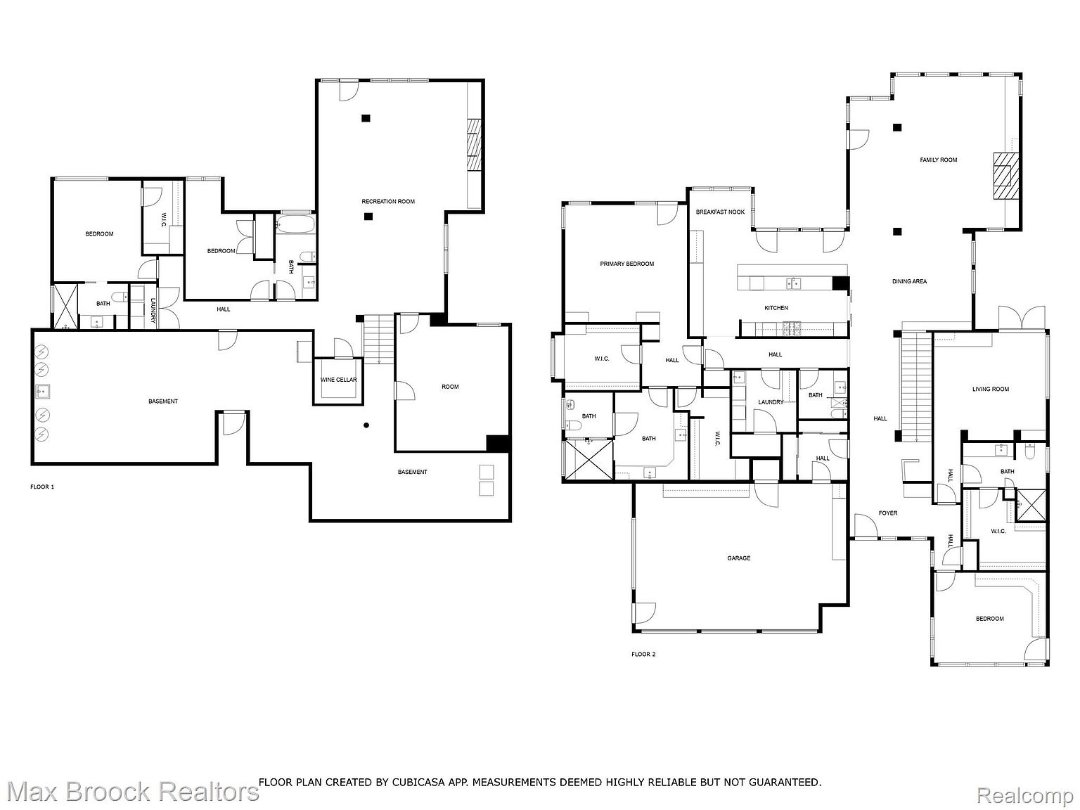 The image presents a detailed floor plan of a multi-story house, showcasing the layout of rooms on different floors. Floor 1 includes bedrooms, bathrooms, a recreation room, a wine cellar, and basement areas, while Floor 2 features a primary bedroom, kitchen, dining area, living room, garage, and additional bedrooms and bathrooms. The floor plan provides a comprehensive overview of the property's spatial arrangement and room distribution.