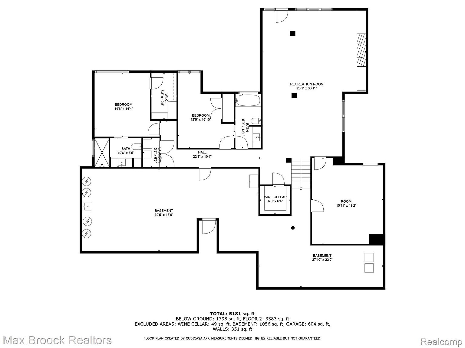 This is a floor plan of a basement, showcasing various rooms including a recreation room, bedrooms, a wine cellar, and storage areas. The layout indicates a spacious and functional design, suitable for a family or entertainment space. Dimensions are provided for each room, offering a clear understanding of the basement's size and potential uses.