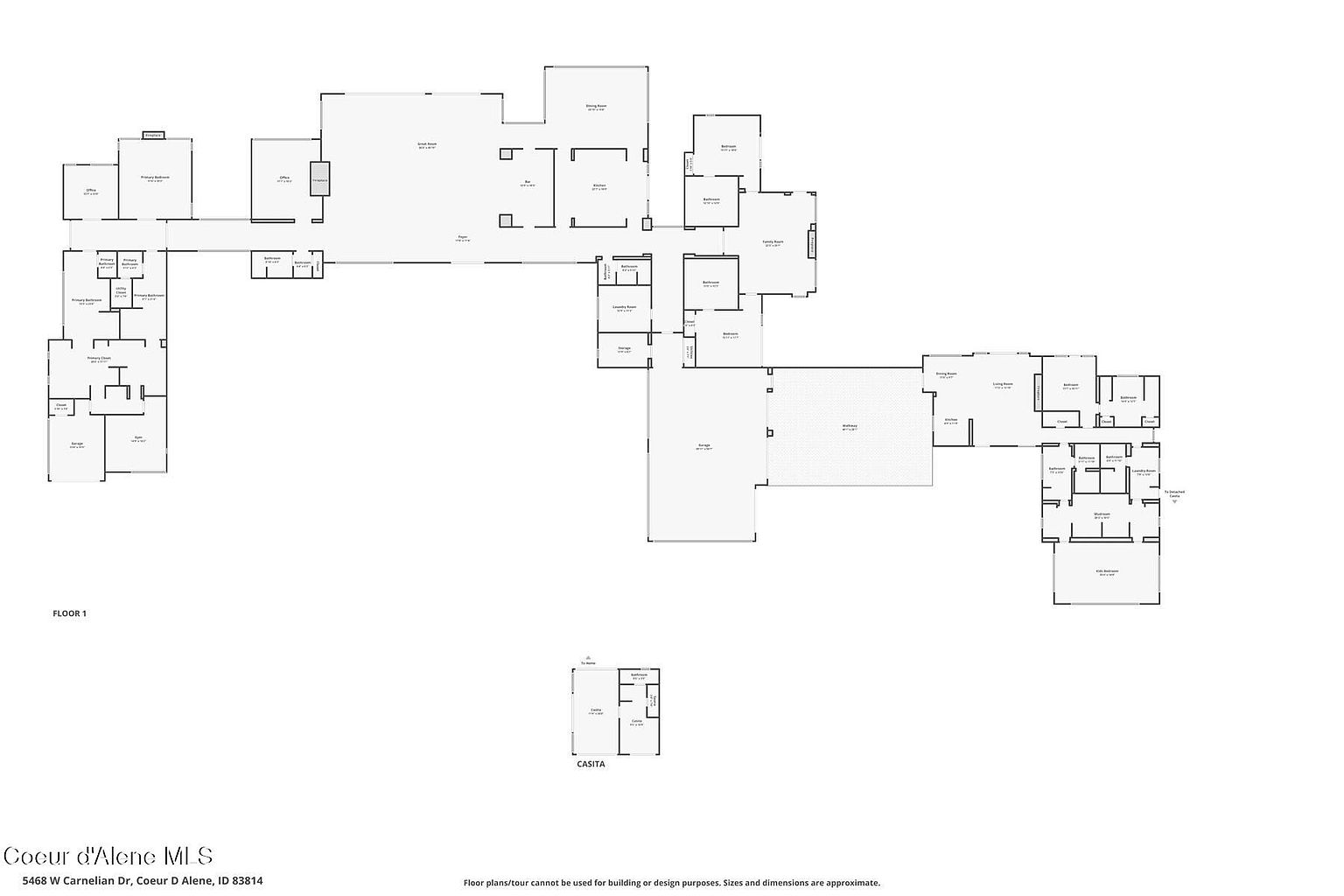 This image presents a detailed floor plan of a residence, including the main floor layout and a separate casita. The floor plan illustrates the arrangement of rooms, hallways, and outdoor spaces, providing a comprehensive overview of the property's structure and dimensions. The style is technical and informative, designed to convey spatial relationships and architectural details.