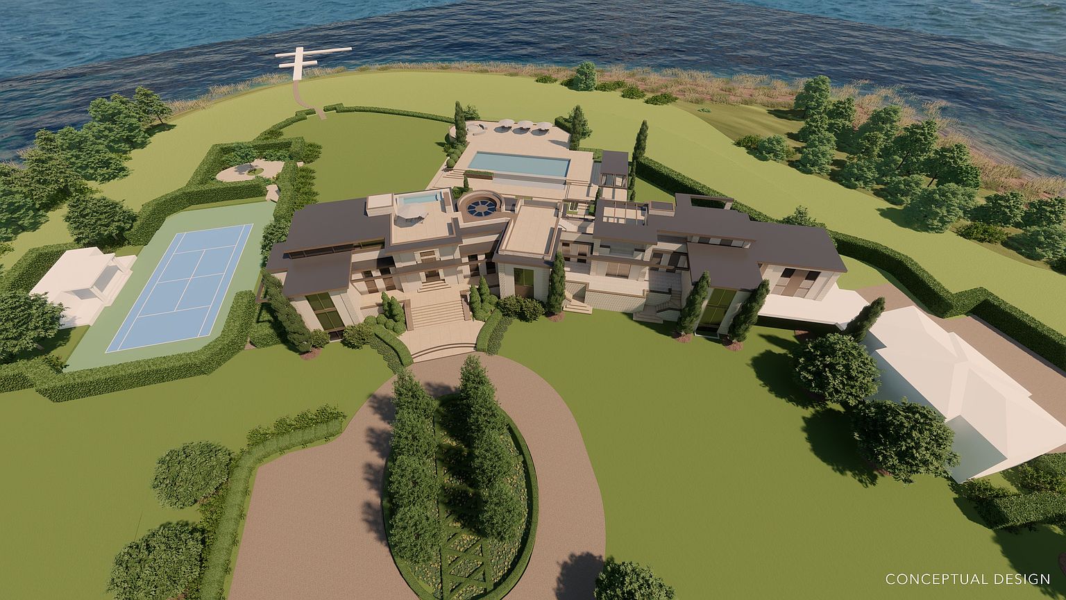 This aerial view showcases a luxurious estate situated on a coastal property. The residence features a sprawling layout with a pool, tennis court, and meticulously landscaped grounds. A circular driveway leads to the entrance, and the overall design exudes sophistication and exclusivity.
