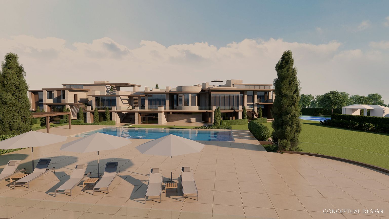This image showcases a luxurious backyard with a large pool and spa area, complemented by modern lounge chairs and umbrellas on a spacious patio. The contemporary home features expansive windows and multiple levels, set against a backdrop of lush greenery and a clear sky. The overall impression is one of upscale relaxation and sophisticated outdoor living.
