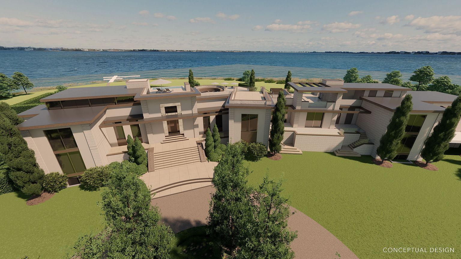 This aerial view showcases a luxurious waterfront property with a modern architectural design. The house features a flat roof, multiple levels, and large windows, complemented by meticulously landscaped grounds with mature trees and manicured lawns. The property's proximity to the water enhances its appeal, offering stunning views and a sense of exclusivity.