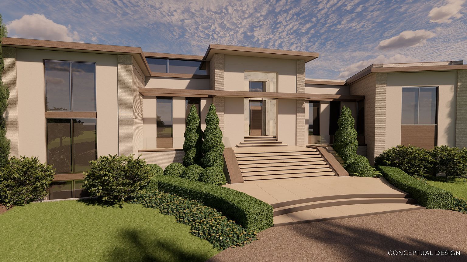 This image showcases the front exterior of a modern, luxurious home. The architecture features a multi-level design with a grand staircase leading to the entrance. The landscaping is meticulously maintained with manicured bushes and trees, enhancing the property's curb appeal. The overall impression is one of sophistication and elegance.