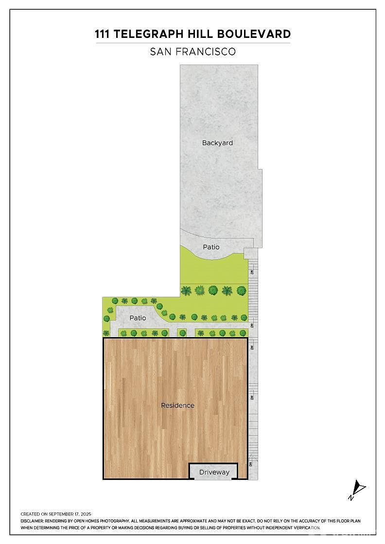 This image showcases a floor plan of a property featuring a residence, driveway, and multiple outdoor spaces. The layout includes a backyard, patio areas with greenery, and a clear demarcation of the residence's footprint. The design suggests a focus on outdoor living and landscaping.