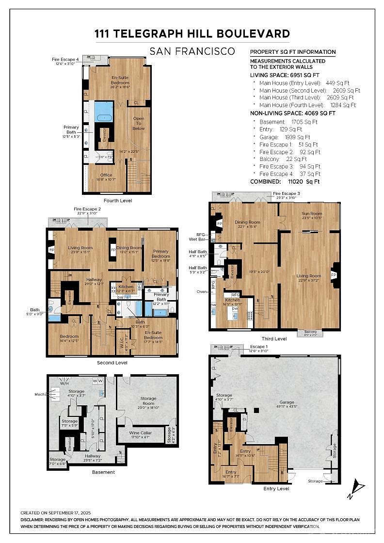 This image presents a detailed floor plan of a multi-level residence located at 111 Telegraph Hill Boulevard in San Francisco. The plan includes layouts for the basement, entry level, second, third, and fourth floors, showcasing room dimensions and arrangements. Key areas such as the living room, dining room, bedrooms, kitchen, garage, and fire escapes are clearly labeled, along with square footage information for both living and non-living spaces.