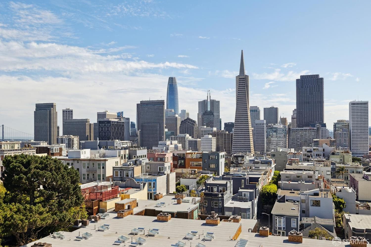 This aerial view showcases a dense urban landscape with a mix of residential buildings and towering skyscrapers. The buildings in the foreground are primarily multi-story homes with flat roofs, while the background features iconic San Francisco skyscrapers like the Transamerica Pyramid and Salesforce Tower. The image captures the vibrant energy and architectural diversity of the city.