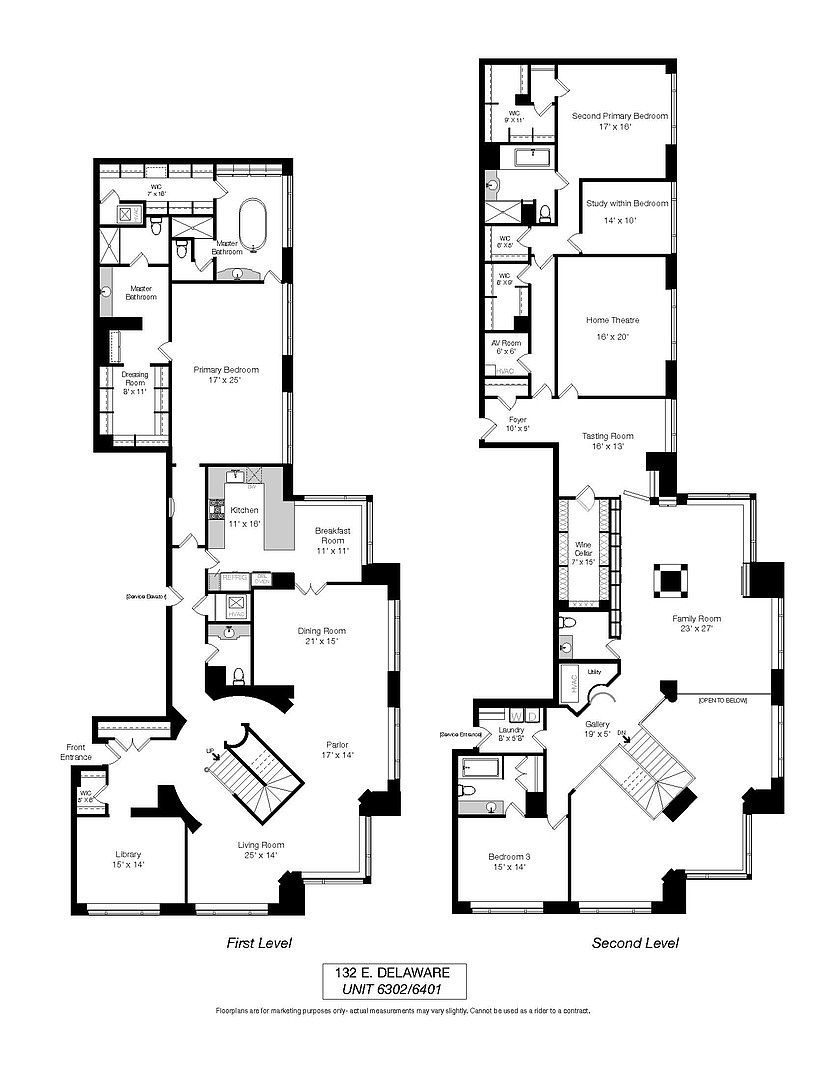 This image presents a detailed floor plan of a two-story residence, showcasing the layout of rooms on both the first and second levels. The first level includes a library, living room, dining room, kitchen, and parlor, while the second level features bedrooms, a home theatre, a tasting room, and a family room. The floor plan provides a comprehensive overview of the property's spatial arrangement and room dimensions.