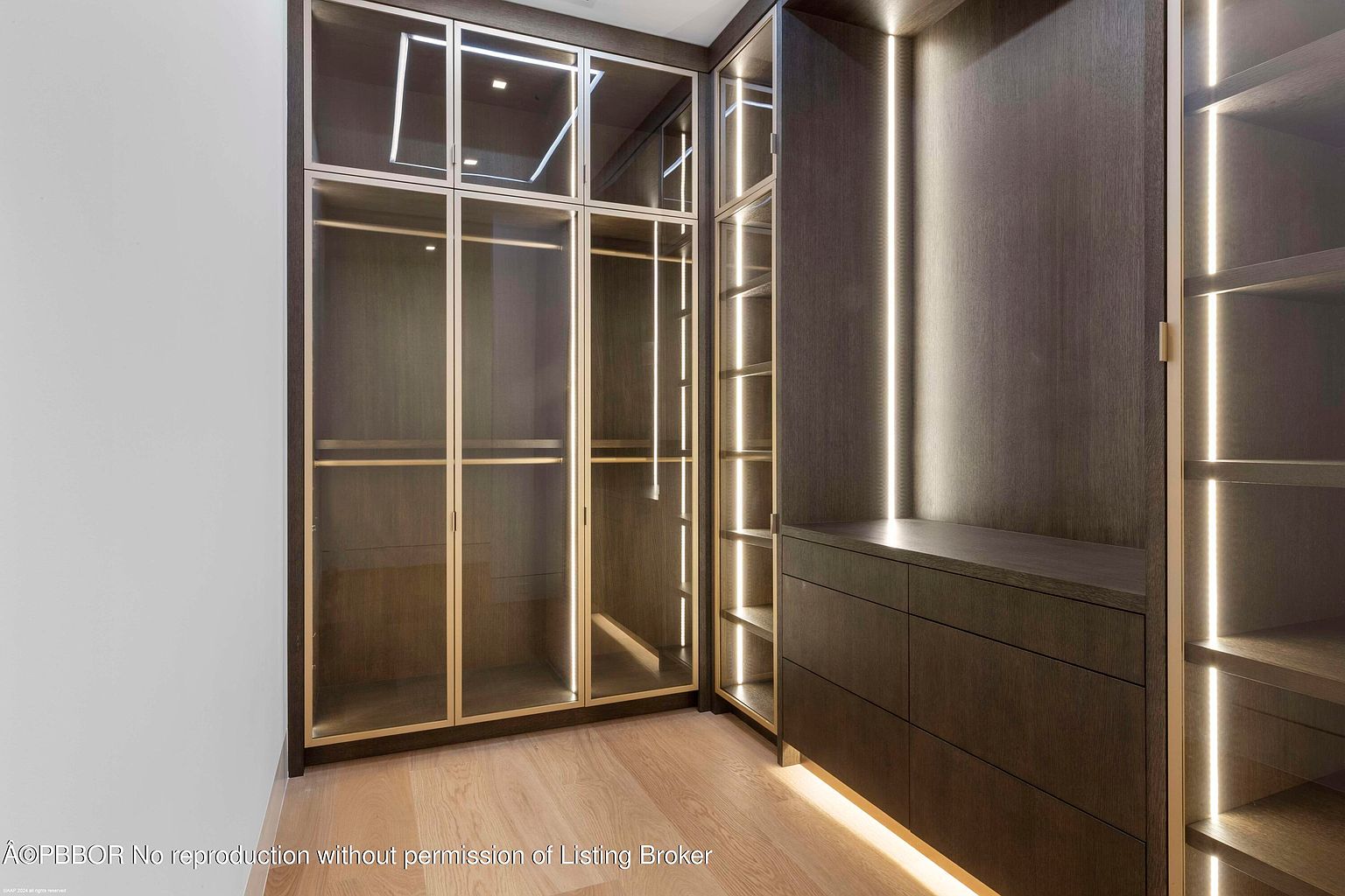 This is a well-organized walk-in closet featuring custom cabinetry with a dark wood finish and glass doors. Integrated LED lighting highlights the storage spaces, creating a luxurious and functional area. The closet offers ample space for clothing and accessories, enhancing the appeal of the property.