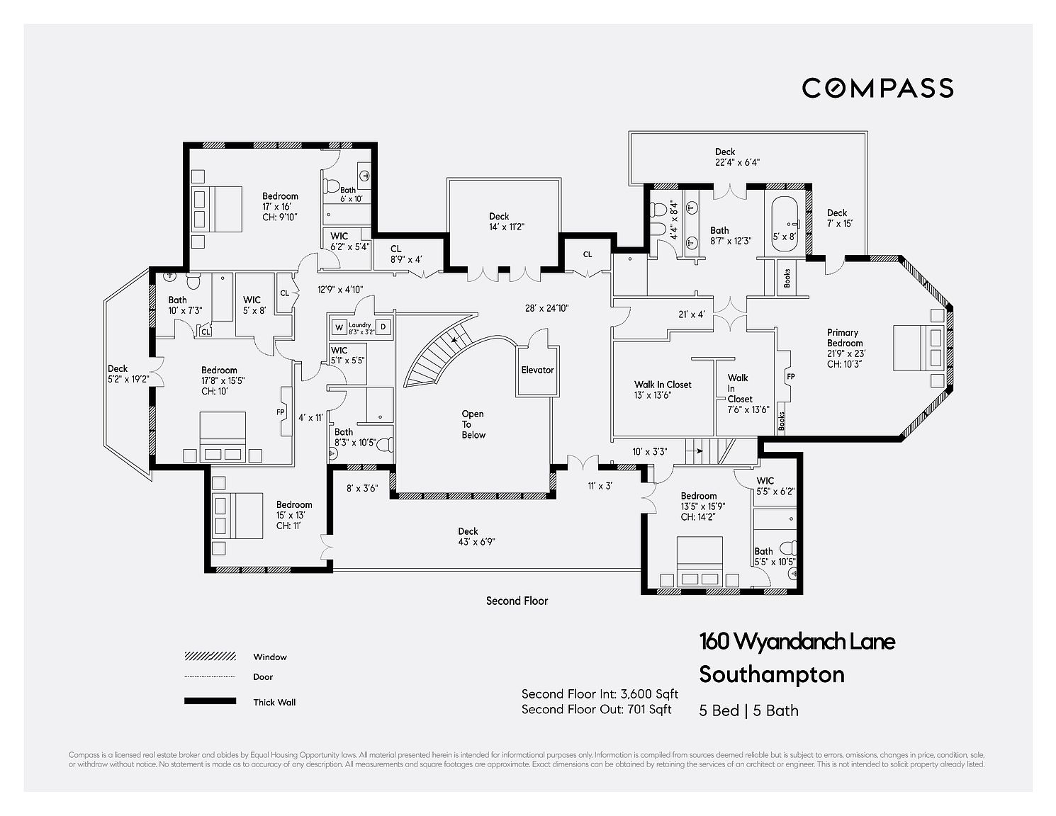 This image is a detailed architectural floor plan for the second floor of a residence located at 160 Wyandanch Lane in Southampton. The layout illustrates the spatial arrangement of five bedrooms, multiple bathrooms, walk-in closets, a laundry room, an elevator, and an open-to-below area, all connected by a central hallway. Several exterior decks are integrated into the design, providing outdoor access from various rooms, and the plan includes specific dimensions for each space.